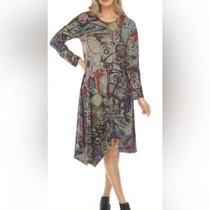 Inoah Asymmetrical Dress With Pocket Abstract Print Long Sleeve Dress